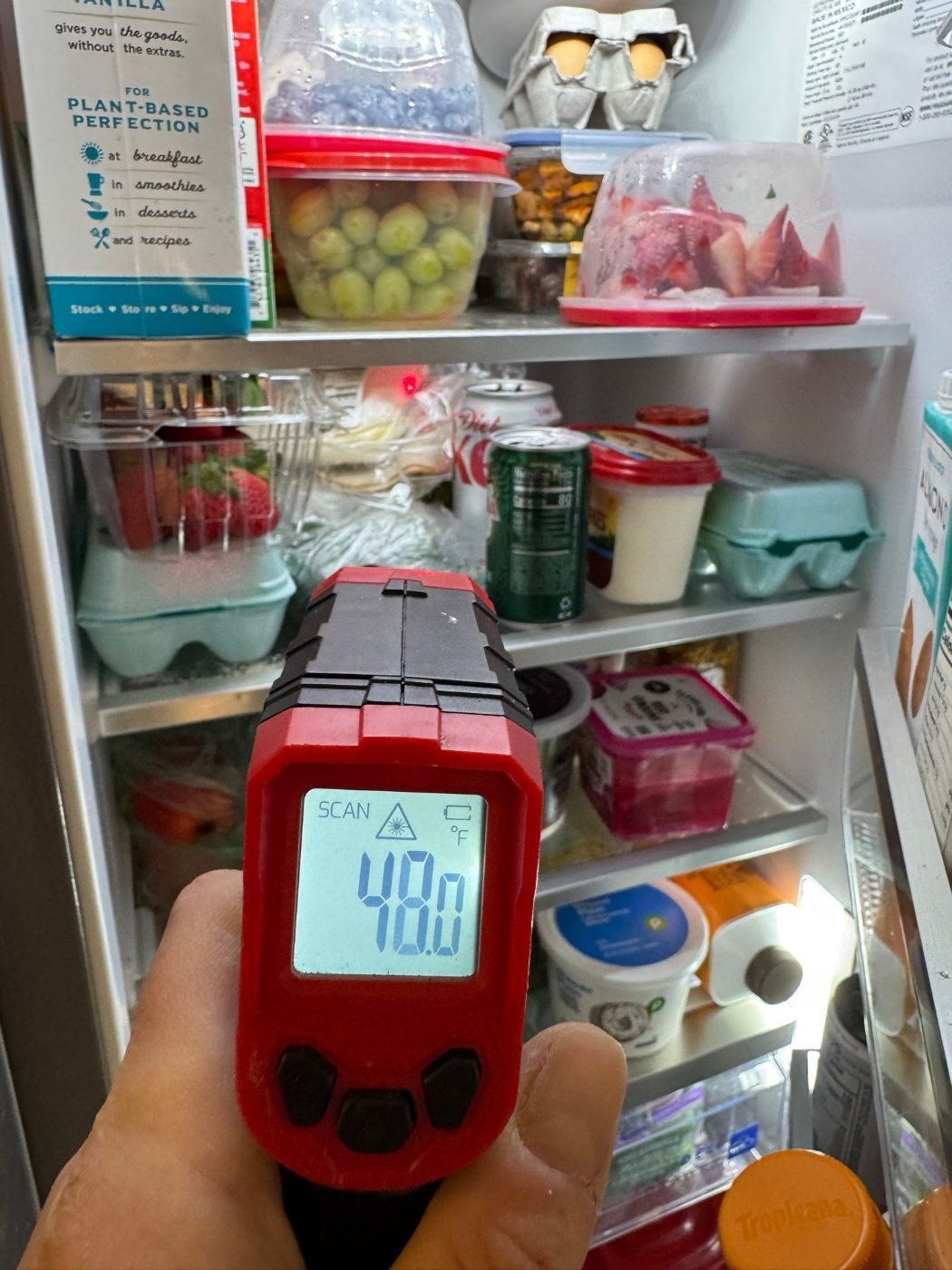 Infrared thermometer reading 48°F inside a Frigidaire refrigerator