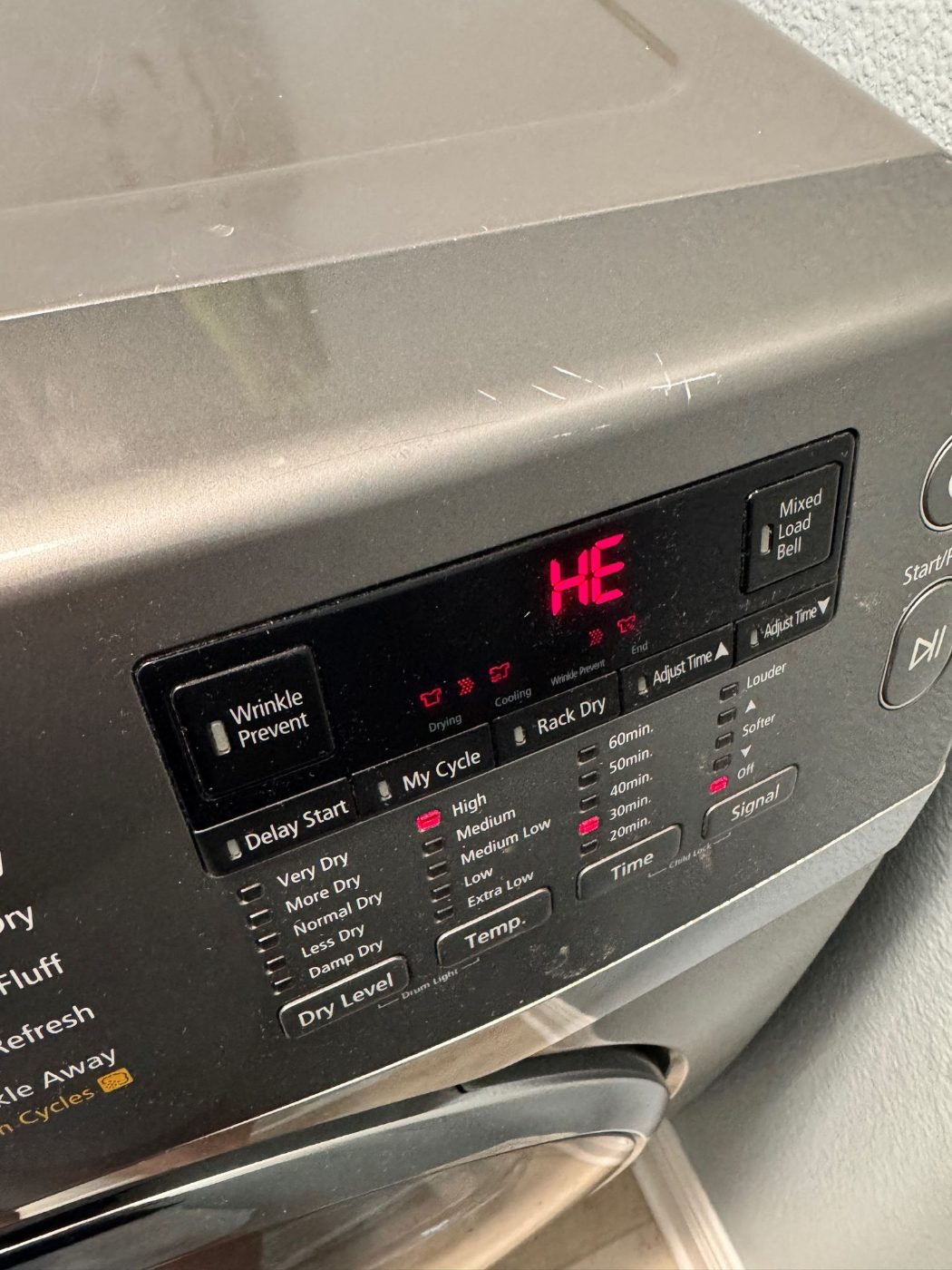 Samsung dryer showing an HE error code